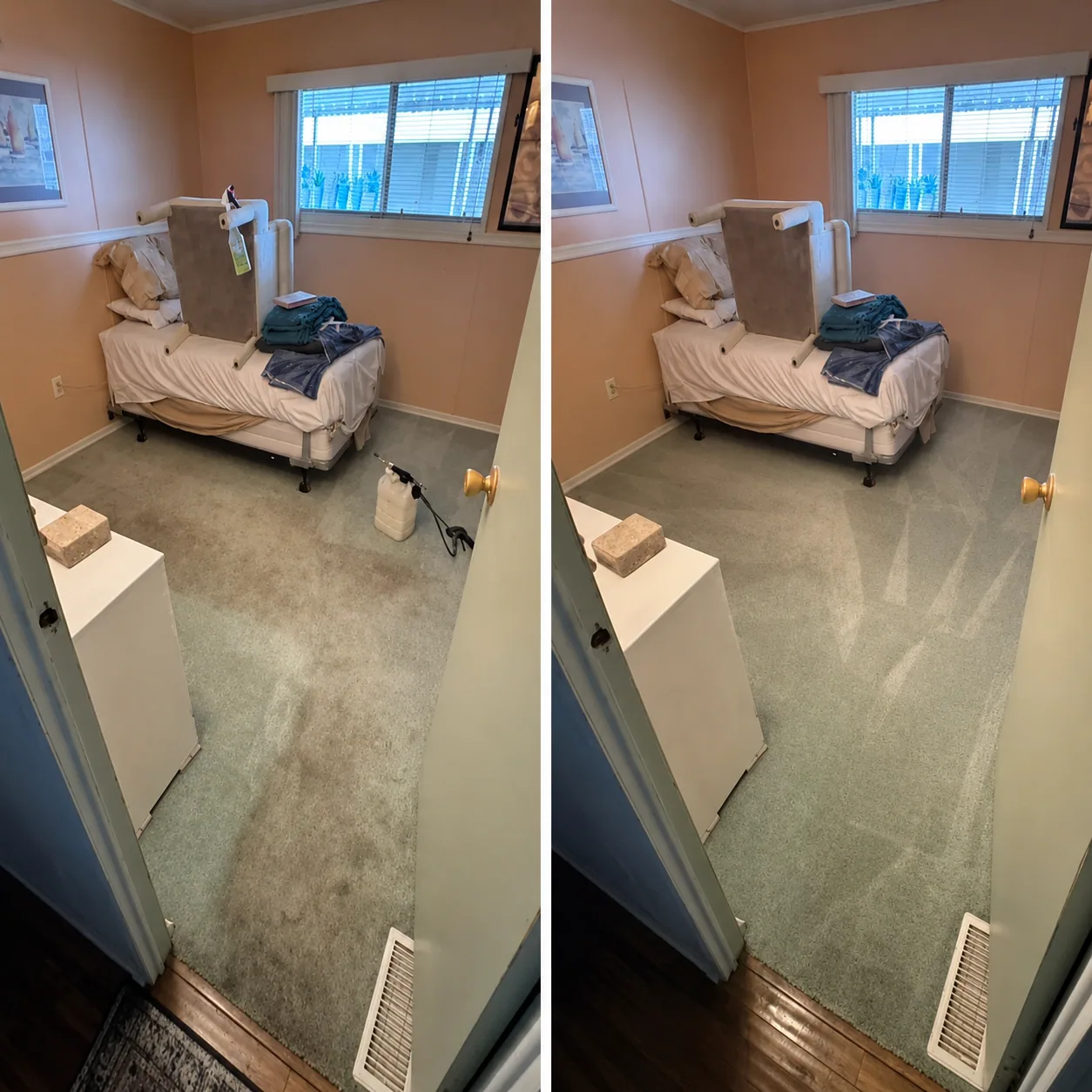 Bedroom carpet with foot traffic marks restored by shampoo cleaning