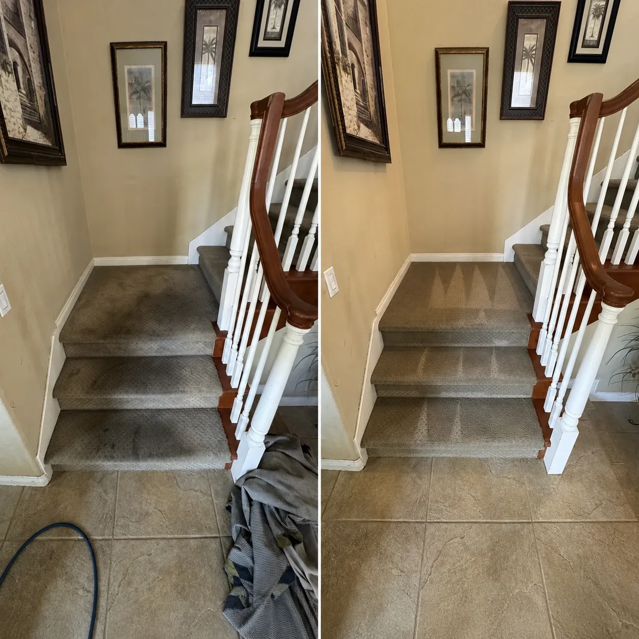 Carpet staircase shown before and after professional stain treatment